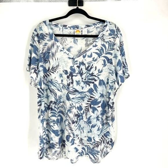C&C California Women's Linen Floral Leaf Print Short Sleeve Top Blue Size 2X - Picture 4 of 11